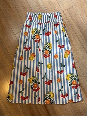 Show Me Your MuMu Blue and White Stripe Fruit-Print Midi Skirt Addison size S